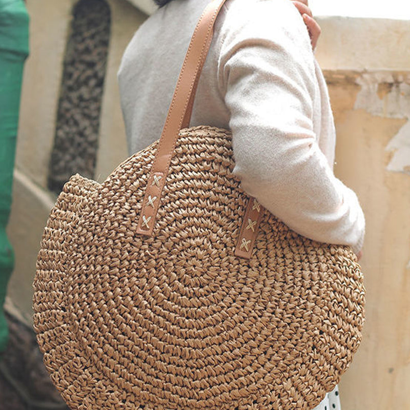 Round Woven Straw Shoulder Bag Bohemian Tote Beach Purse Summer Travel Handbag