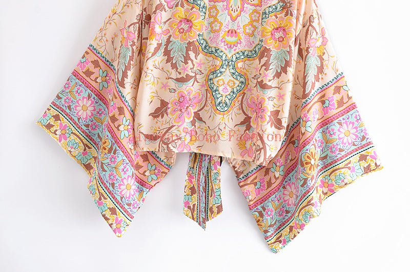 Boho Floral Tie-Front Kimono Cardigan - Lightweight Bohemian Cover-Up