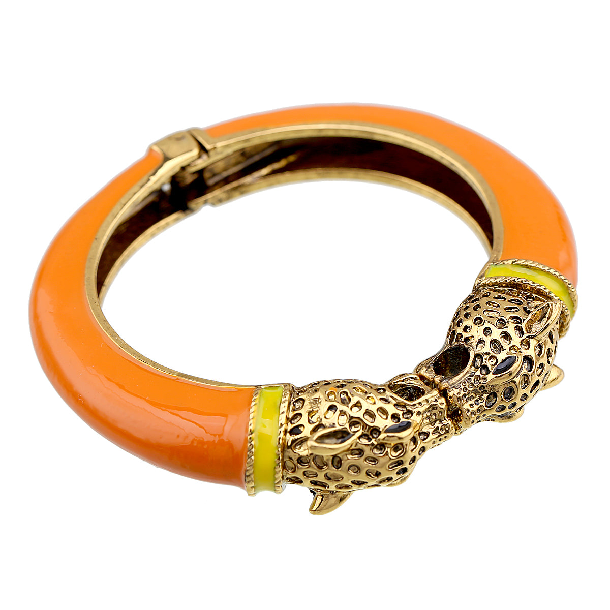 Gold Tone Leopard Head Bangle Bracelet Set Enamel Cuff Statement Jewelry