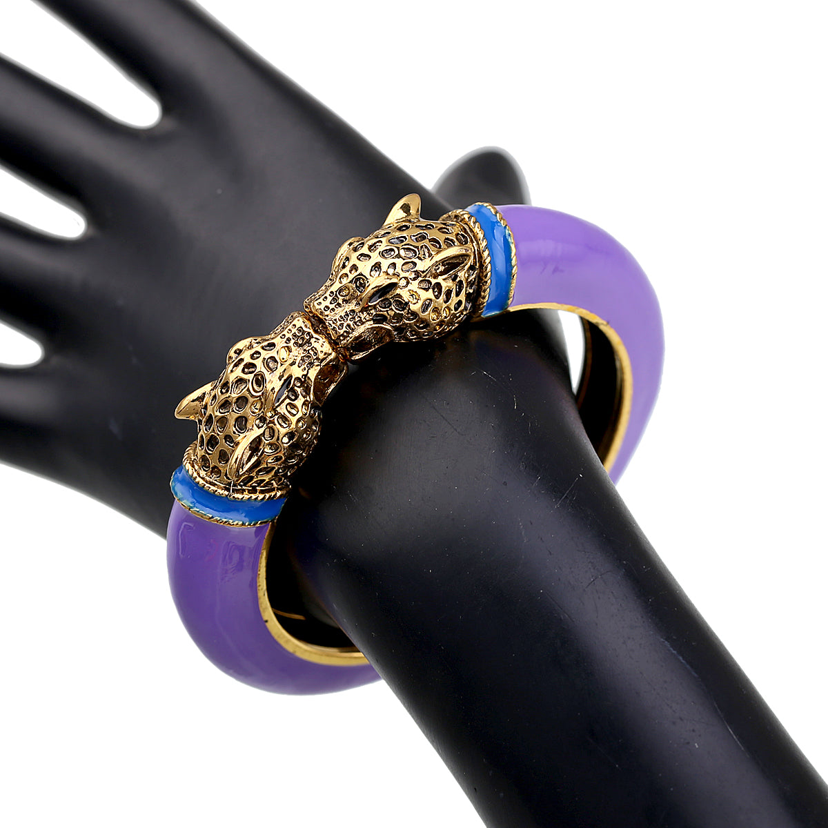 Gold Tone Leopard Head Bangle Bracelet Set Enamel Cuff Statement Jewelry