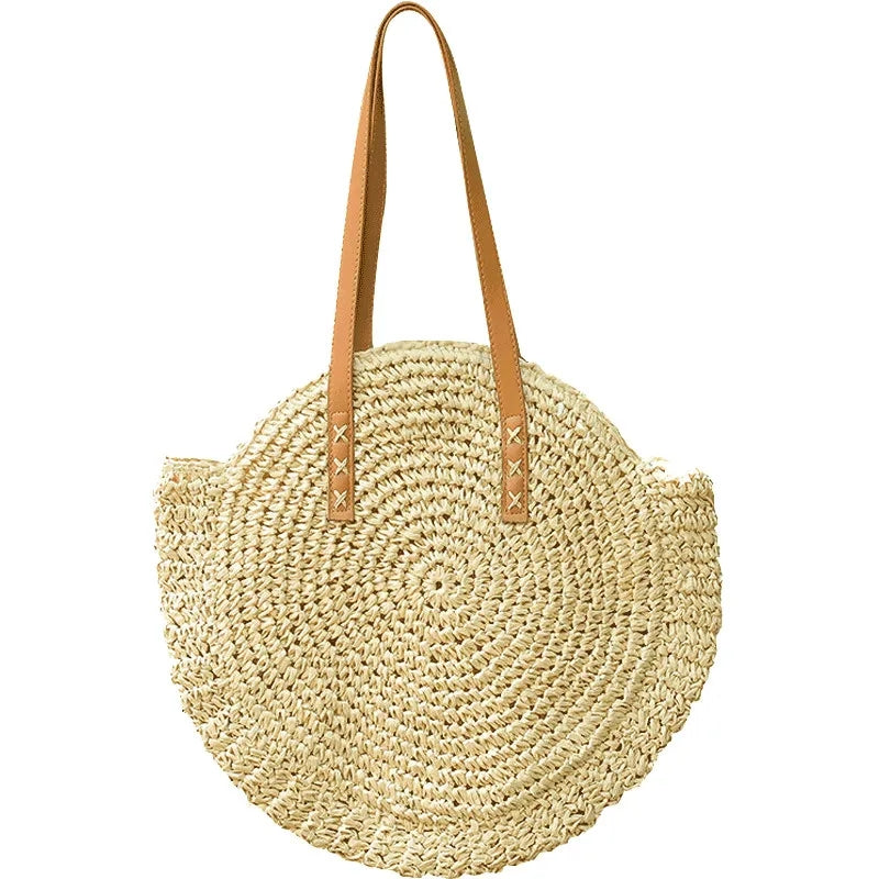 Round Woven Straw Shoulder Bag Bohemian Tote Beach Purse Summer Travel Handbag