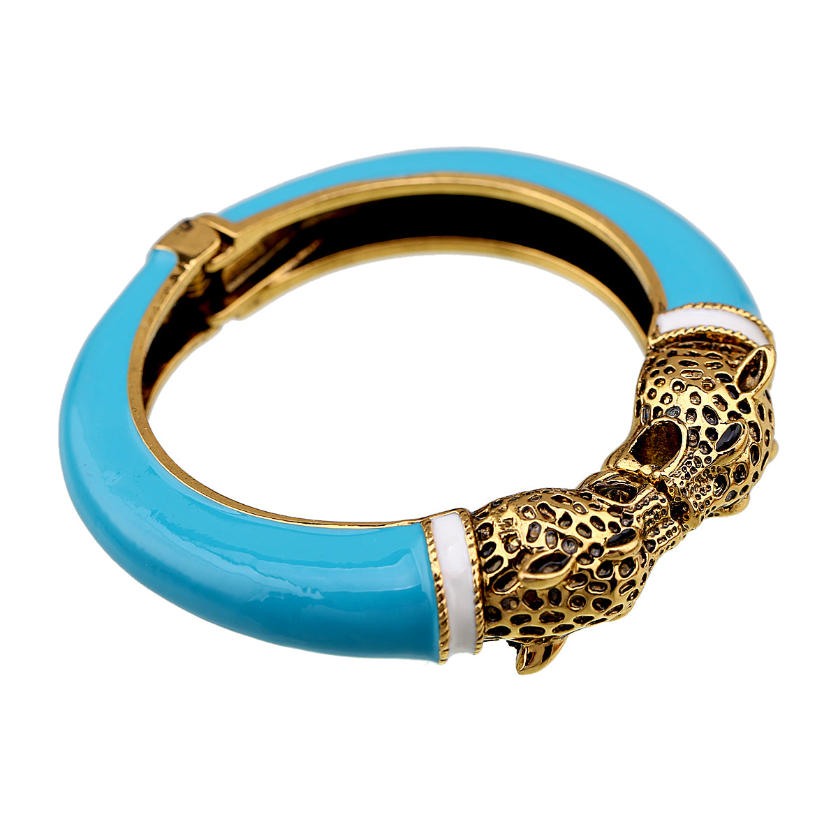 Gold Tone Leopard Head Bangle Bracelet Set Enamel Cuff Statement Jewelry