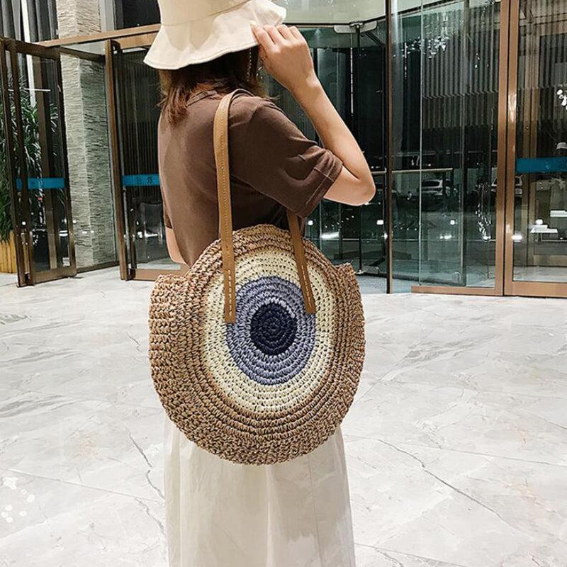 Round Woven Straw Shoulder Bag Bohemian Tote Beach Purse Summer Travel Handbag