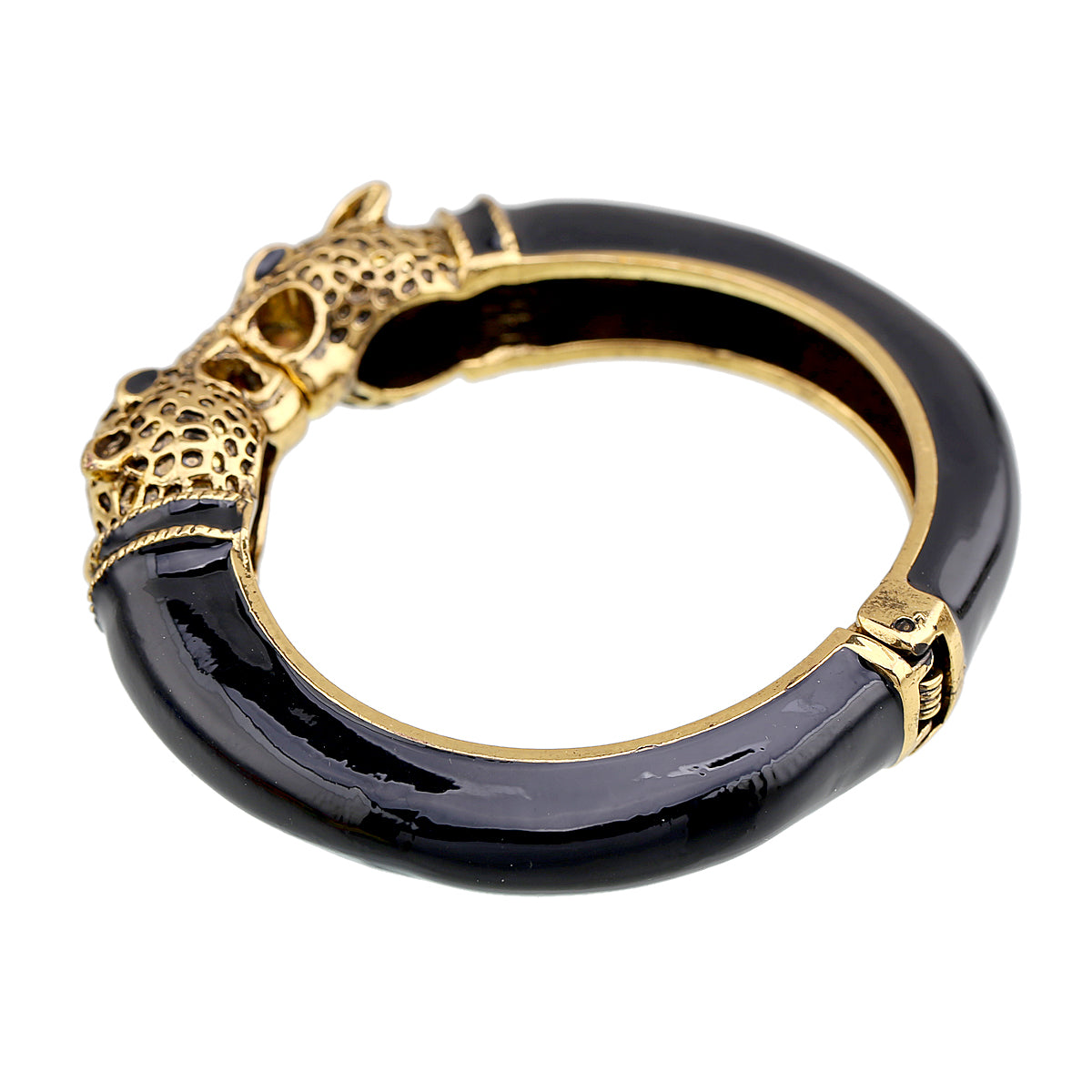 Gold Tone Leopard Head Bangle Bracelet Set Enamel Cuff Statement Jewelry