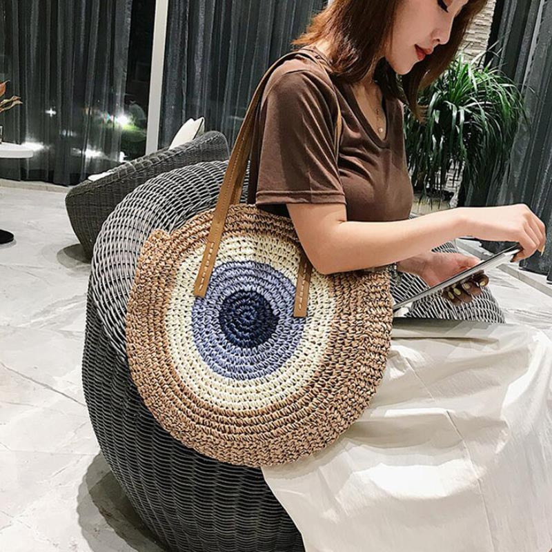 Round Woven Straw Shoulder Bag Bohemian Tote Beach Purse Summer Travel Handbag