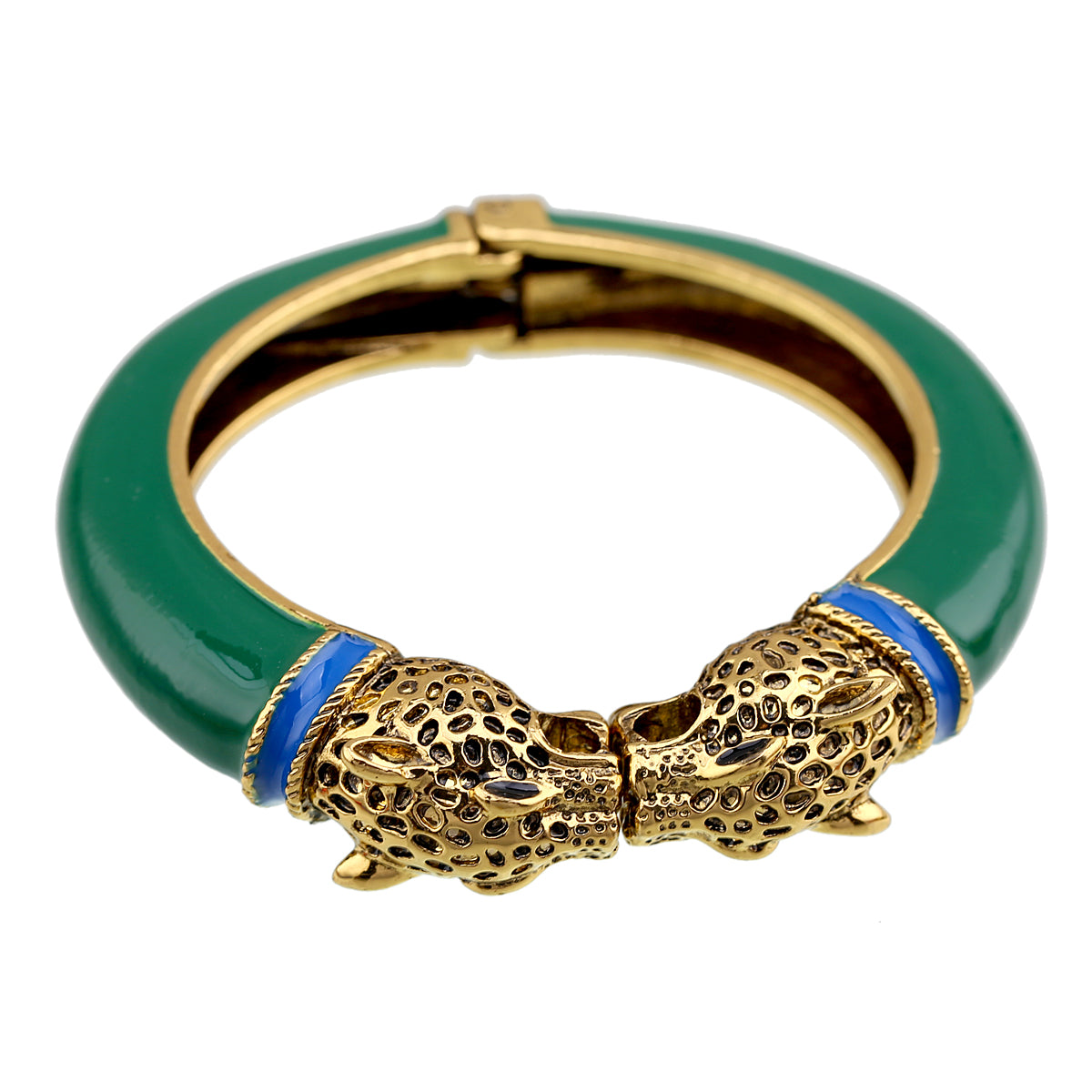 Gold Tone Leopard Head Bangle Bracelet Set Enamel Cuff Statement Jewelry