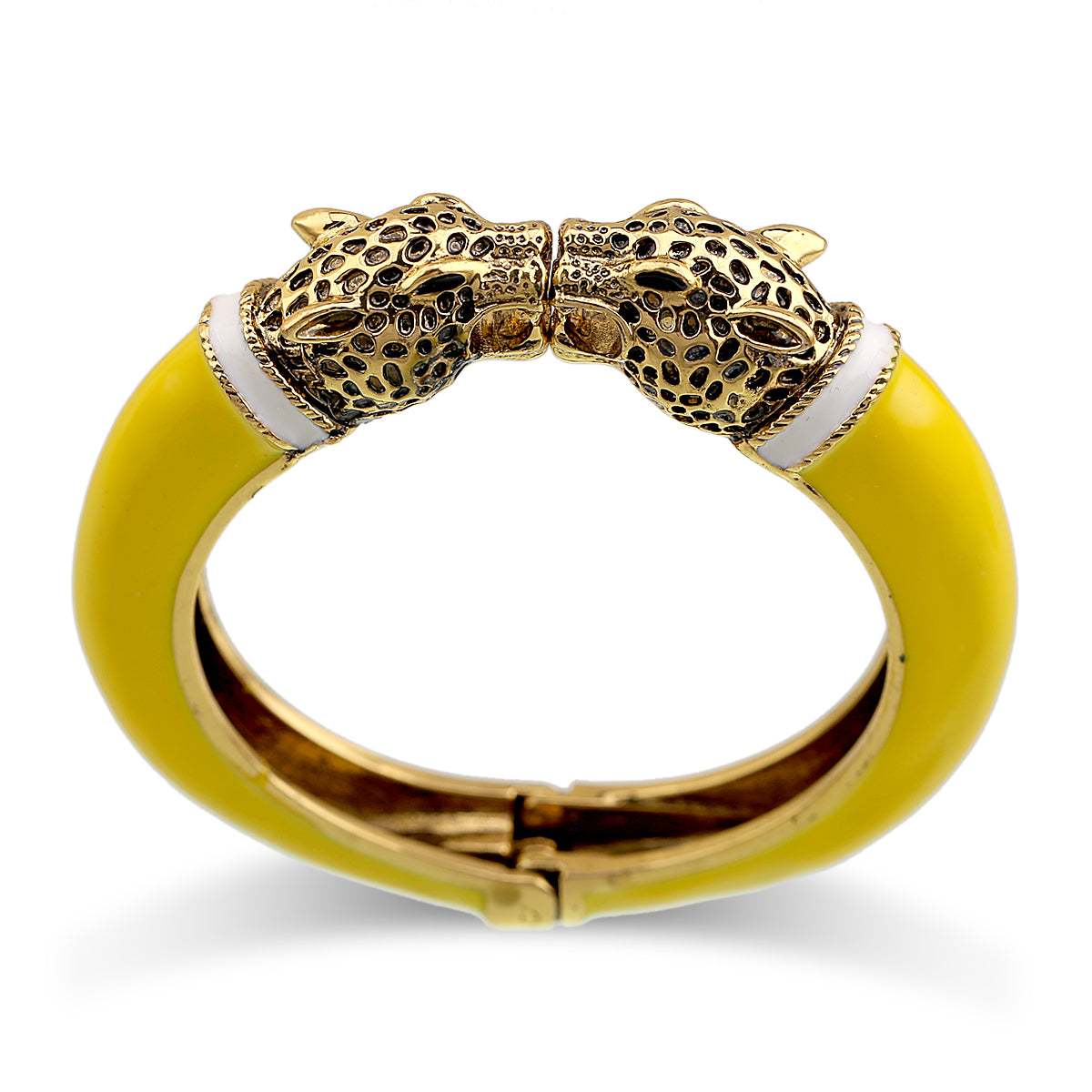 Gold Tone Leopard Head Bangle Bracelet Set Enamel Cuff Statement Jewelry