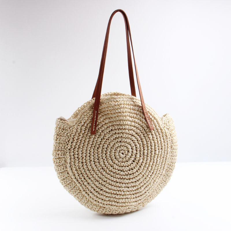 Round Woven Straw Shoulder Bag Bohemian Tote Beach Purse Summer Travel Handbag