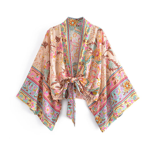 Boho Floral Tie-Front Kimono Cardigan - Lightweight Bohemian Cover-Up