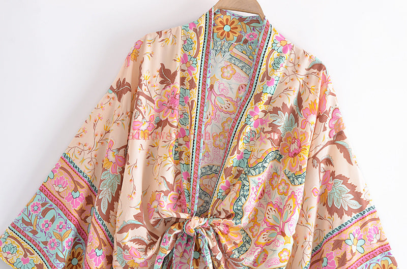 Boho Floral Tie-Front Kimono Cardigan - Lightweight Bohemian Cover-Up