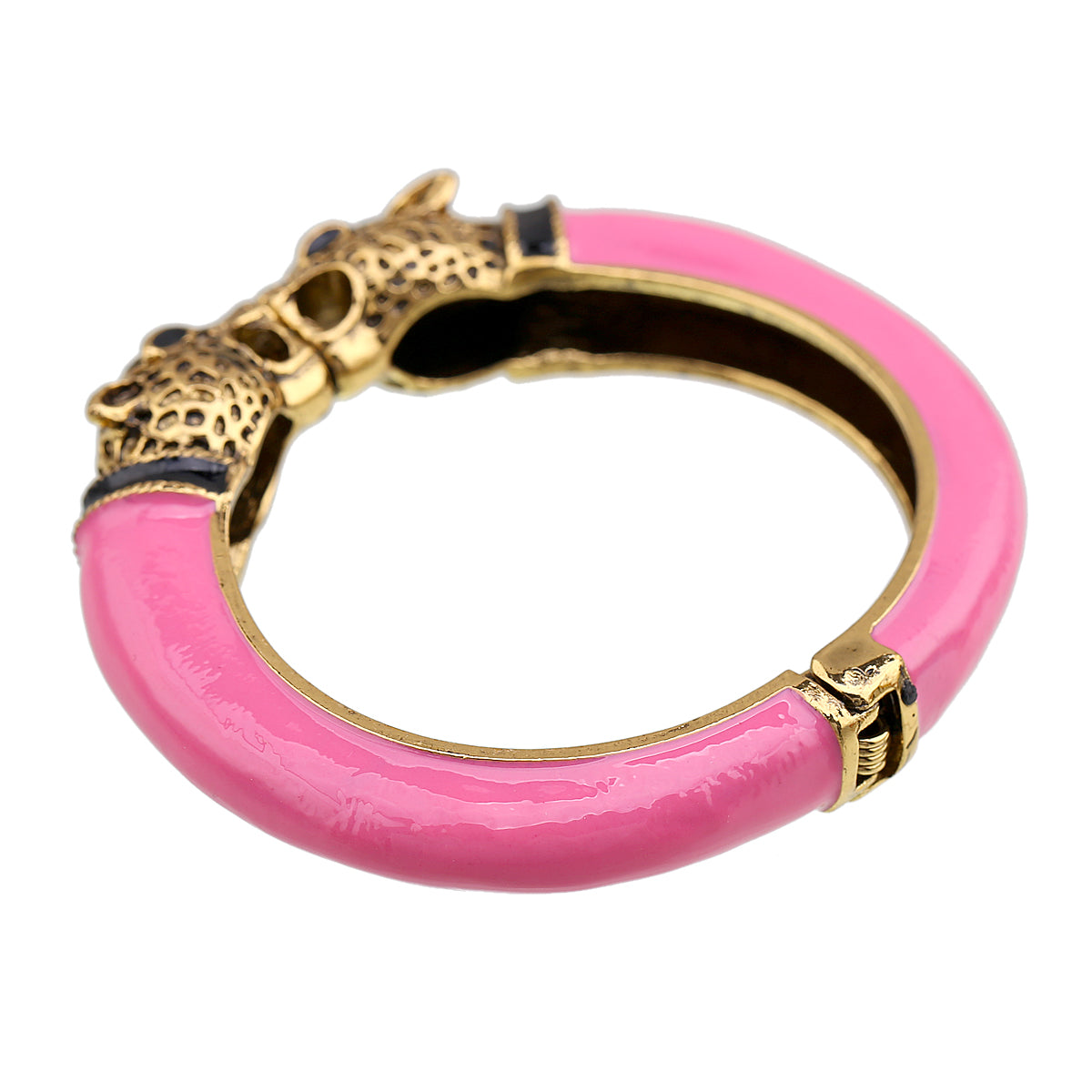 Gold Tone Leopard Head Bangle Bracelet Set Enamel Cuff Statement Jewelry