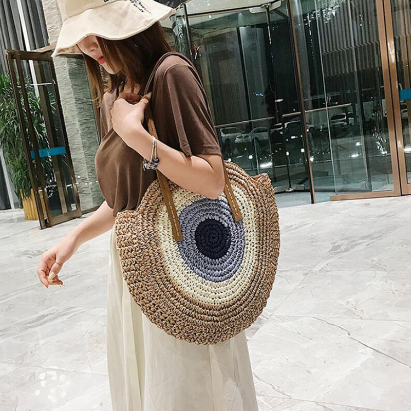 Round Woven Straw Shoulder Bag Bohemian Tote Beach Purse Summer Travel Handbag