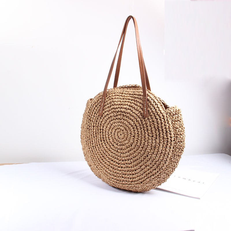 Round Woven Straw Shoulder Bag Bohemian Tote Beach Purse Summer Travel Handbag