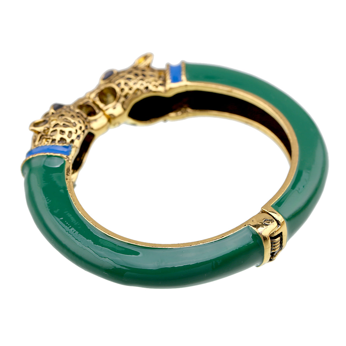 Gold Tone Leopard Head Bangle Bracelet Set Enamel Cuff Statement Jewelry