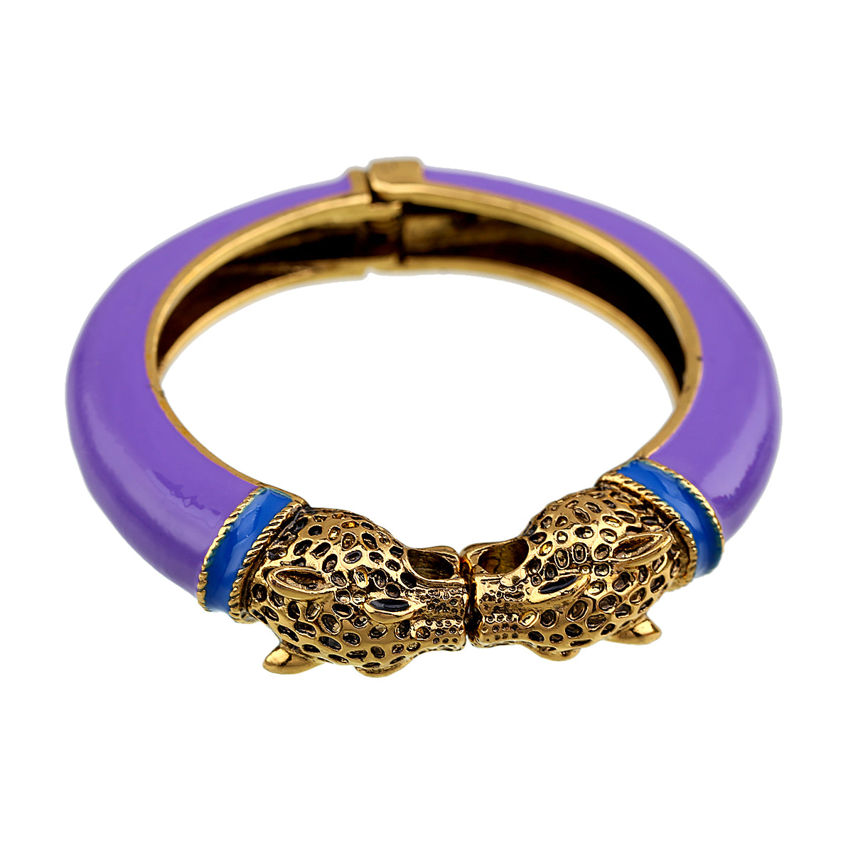 Gold Tone Leopard Head Bangle Bracelet Set Enamel Cuff Statement Jewelry