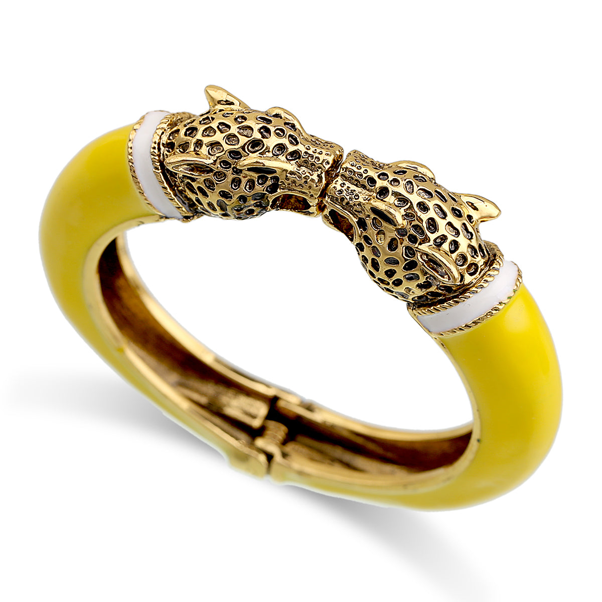 Gold Tone Leopard Head Bangle Bracelet Set Enamel Cuff Statement Jewelry