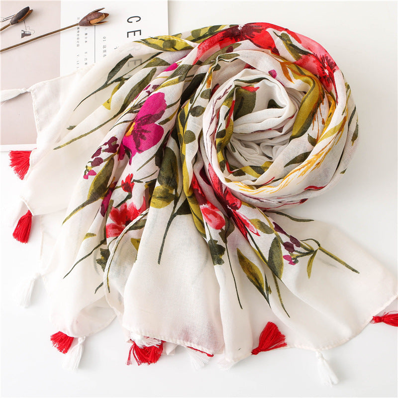 Women's Floral Lightweight Scarf Soft Cotton Blend Tassel Wrap Shawl