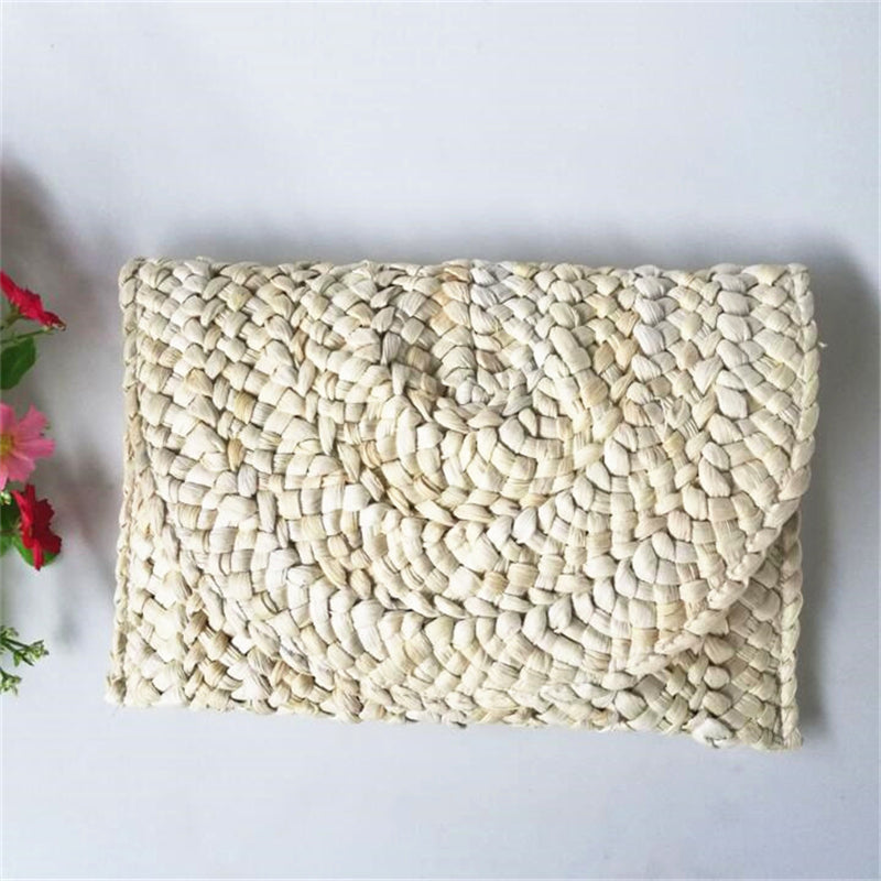 Women Woven Straw Envelope Clutch Bag Summer Beach Crossbody
