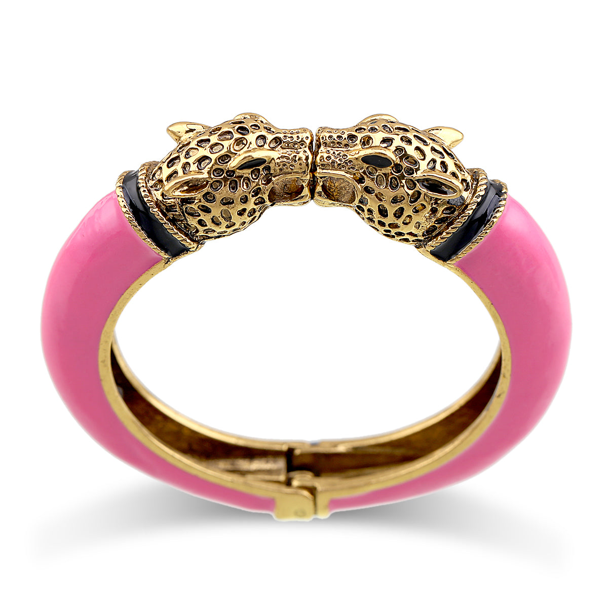 Gold Tone Leopard Head Bangle Bracelet Set Enamel Cuff Statement Jewelry