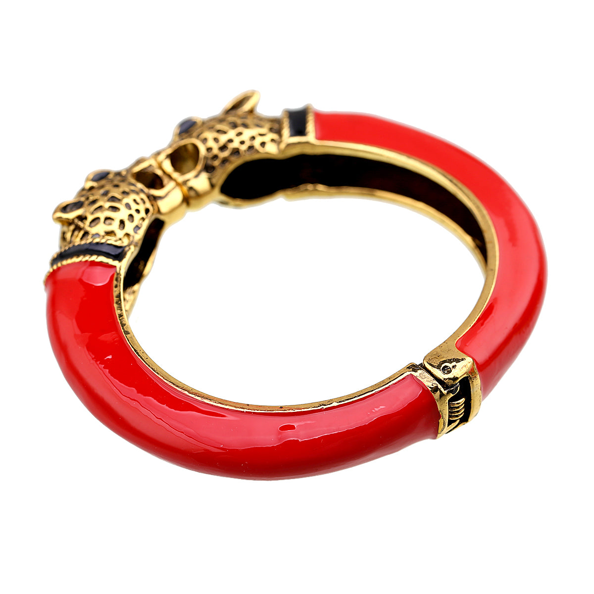 Gold Tone Leopard Head Bangle Bracelet Set Enamel Cuff Statement Jewelry