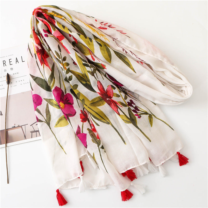 Women's Floral Lightweight Scarf Soft Cotton Blend Tassel Wrap Shawl