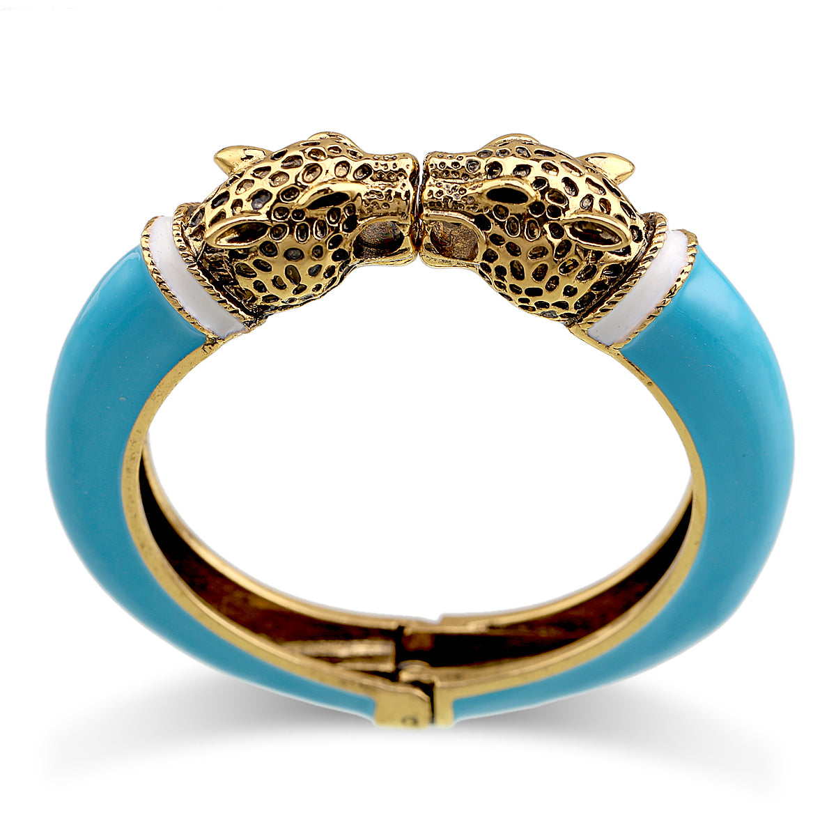Gold Tone Leopard Head Bangle Bracelet Set Enamel Cuff Statement Jewelry