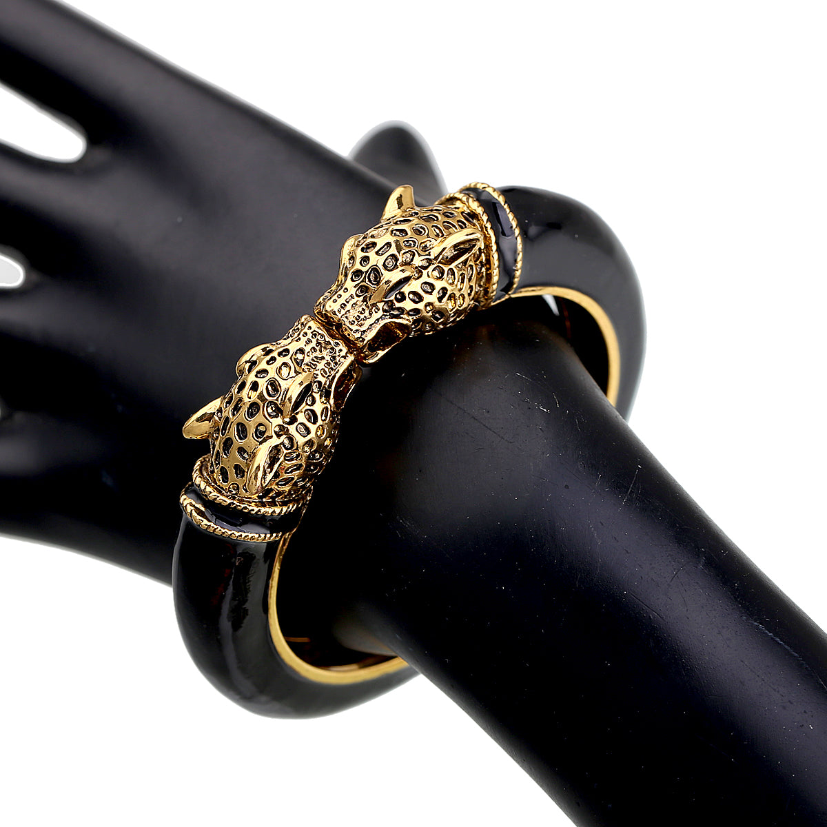 Gold Tone Leopard Head Bangle Bracelet Set Enamel Cuff Statement Jewelry