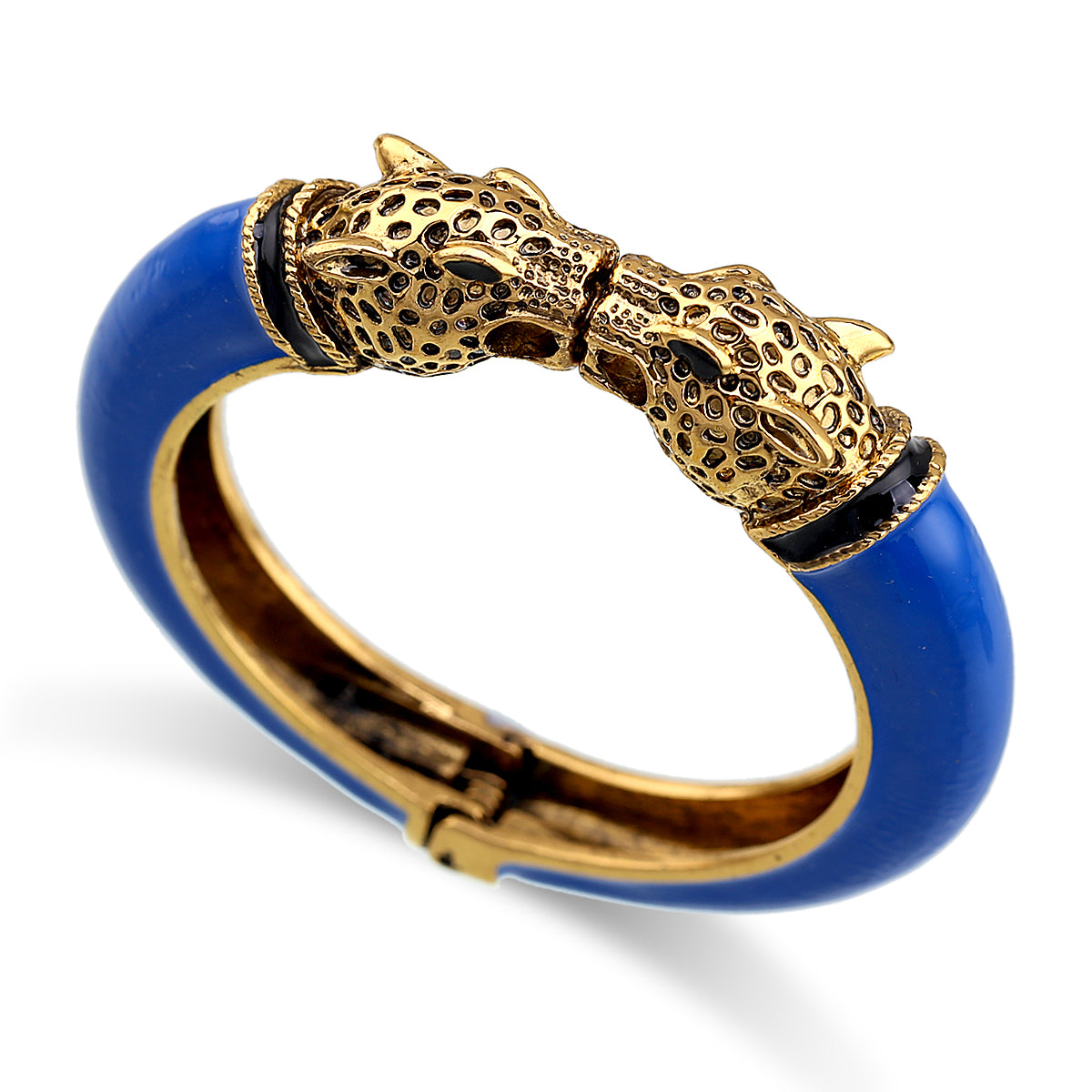 Gold Tone Leopard Head Bangle Bracelet Set Enamel Cuff Statement Jewelry