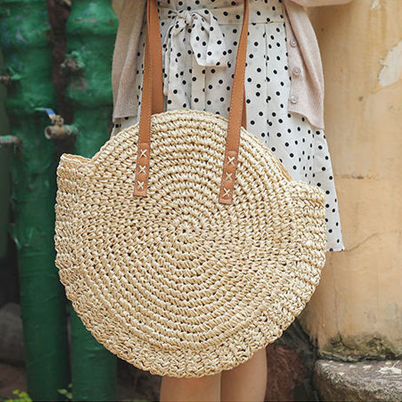 Round Woven Straw Shoulder Bag Bohemian Tote Beach Purse Summer Travel Handbag