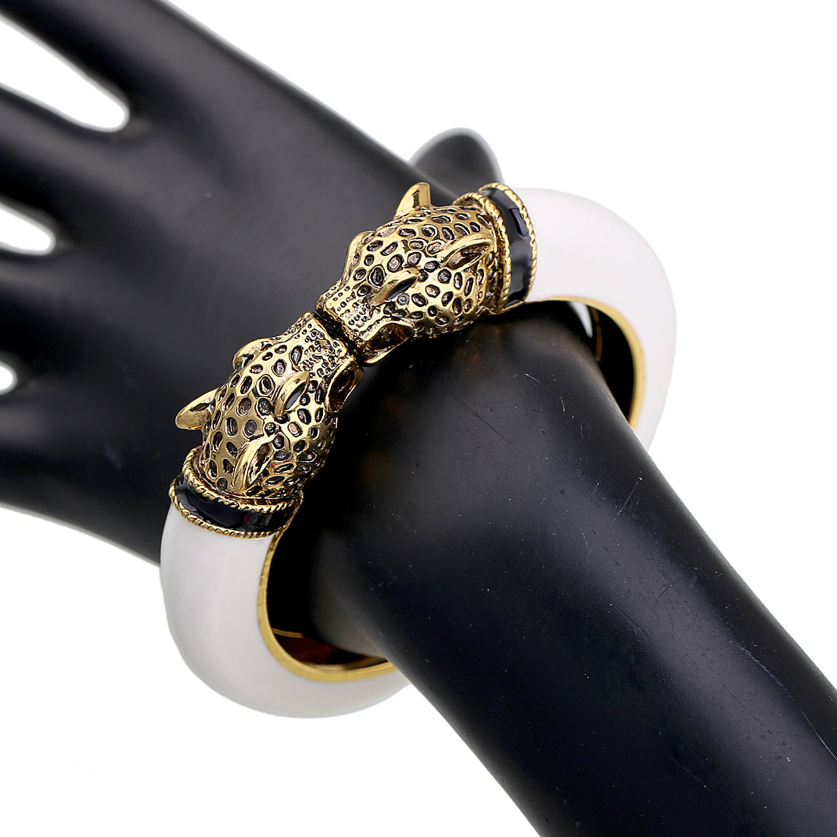 Gold Tone Leopard Head Bangle Bracelet Set Enamel Cuff Statement Jewelry