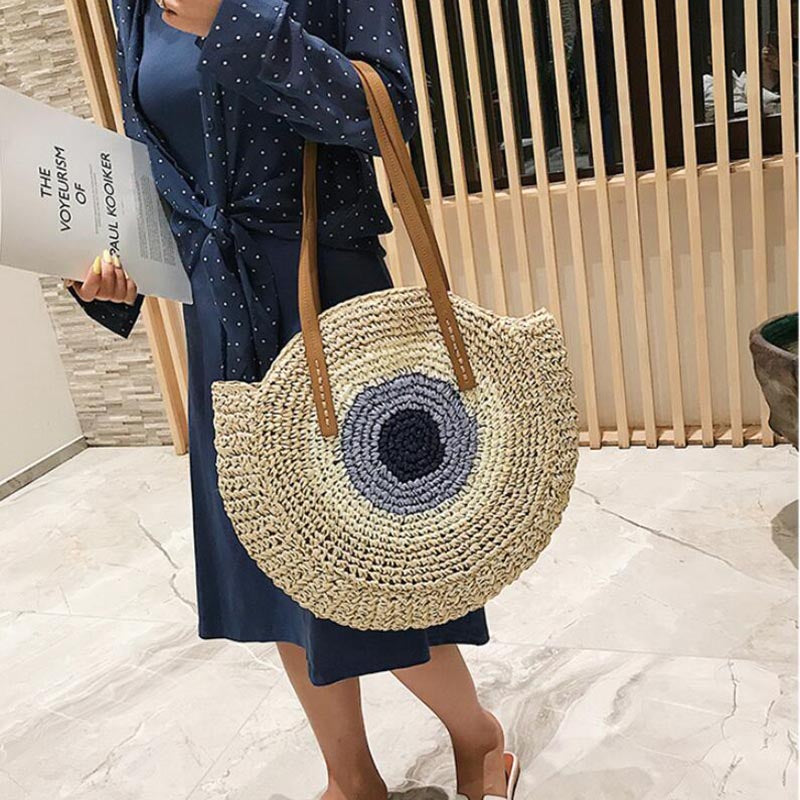 Round Woven Straw Shoulder Bag Bohemian Tote Beach Purse Summer Travel Handbag