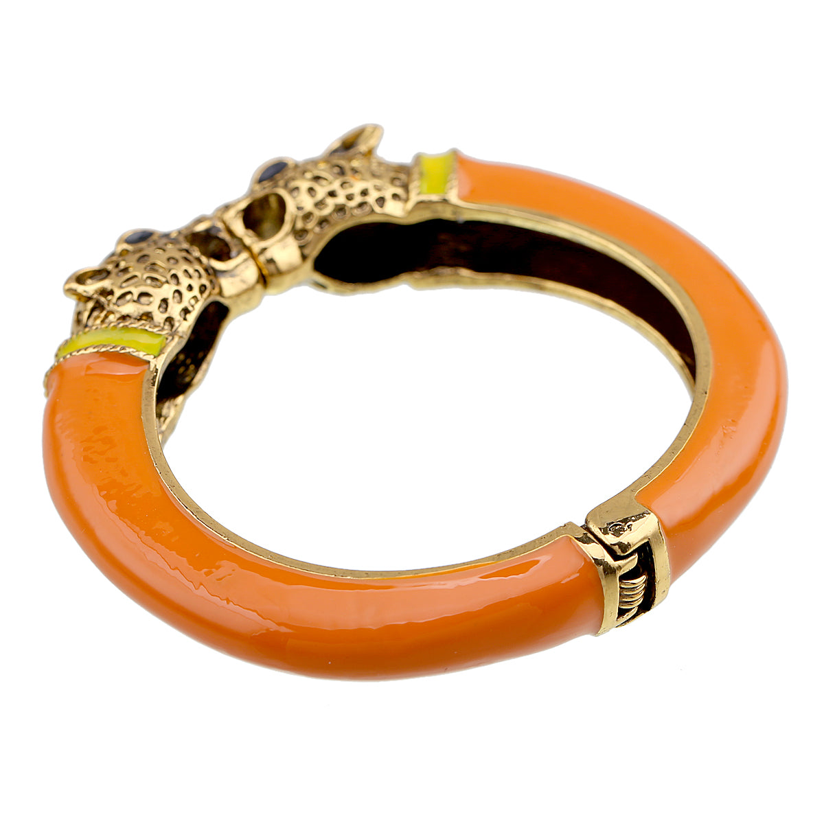 Gold Tone Leopard Head Bangle Bracelet Set Enamel Cuff Statement Jewelry