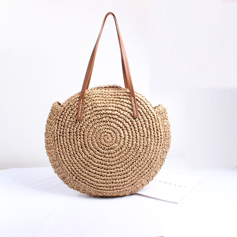 Round Woven Straw Shoulder Bag Bohemian Tote Beach Purse Summer Travel Handbag
