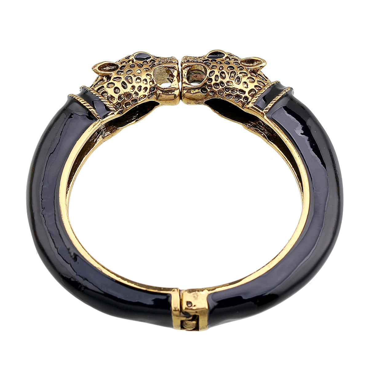 Gold Tone Leopard Head Bangle Bracelet Set Enamel Cuff Statement Jewelry