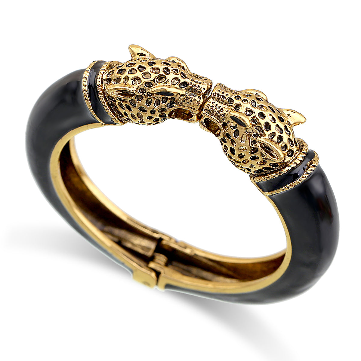 Gold Tone Leopard Head Bangle Bracelet Set Enamel Cuff Statement Jewelry