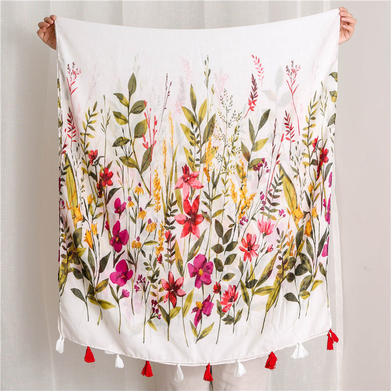Women's Floral Lightweight Scarf Soft Cotton Blend Tassel Wrap Shawl