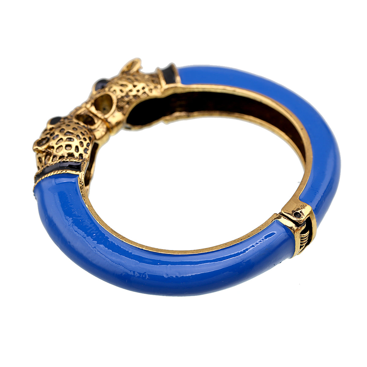 Gold Tone Leopard Head Bangle Bracelet Set Enamel Cuff Statement Jewelry