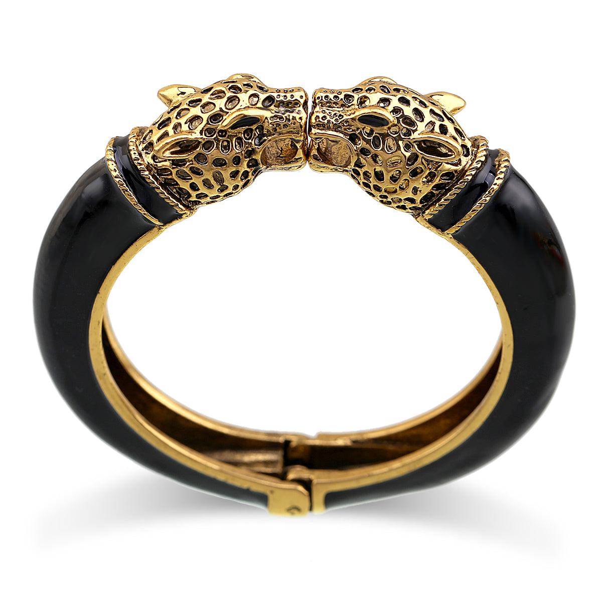 Gold Tone Leopard Head Bangle Bracelet Set Enamel Cuff Statement Jewelry