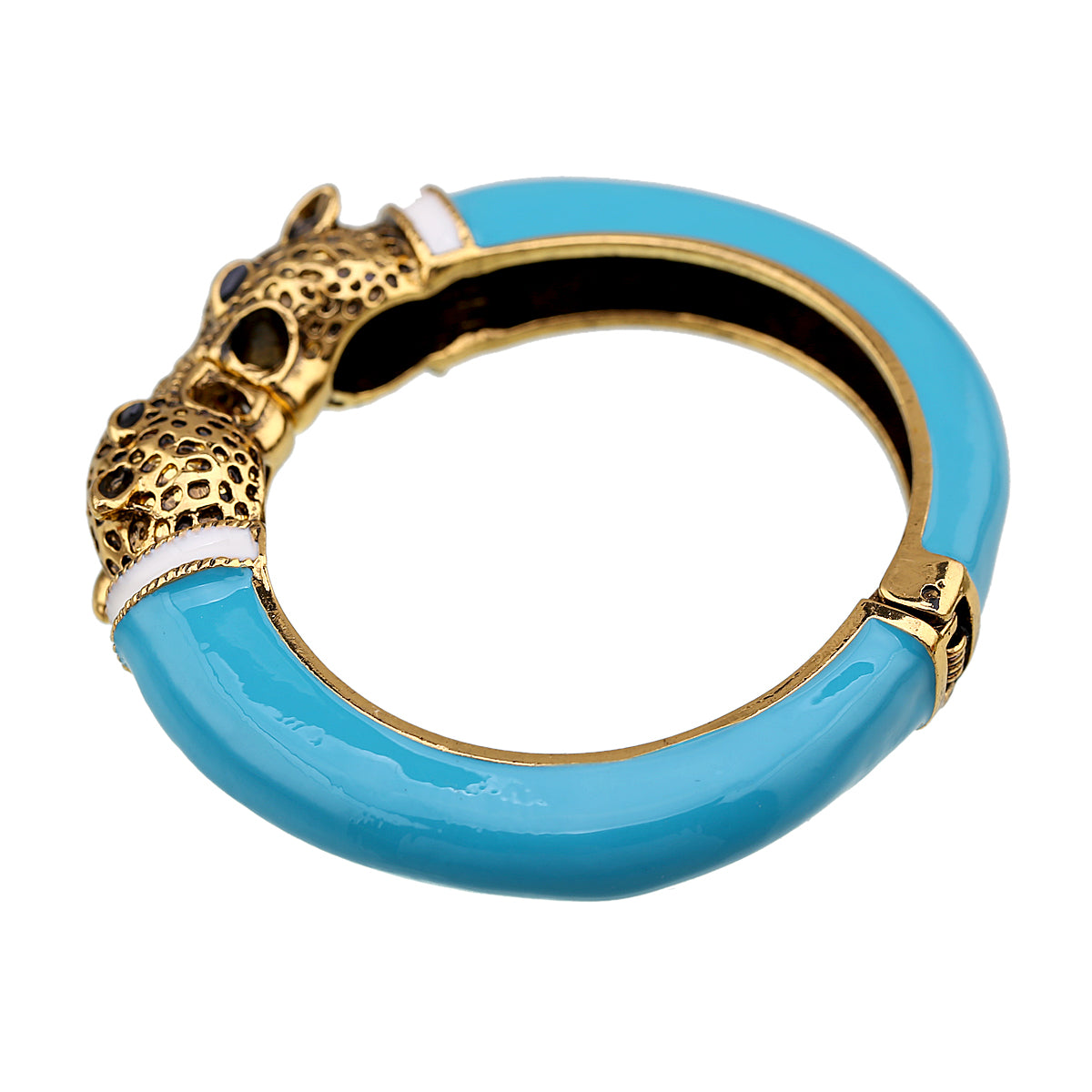 Gold Tone Leopard Head Bangle Bracelet Set Enamel Cuff Statement Jewelry