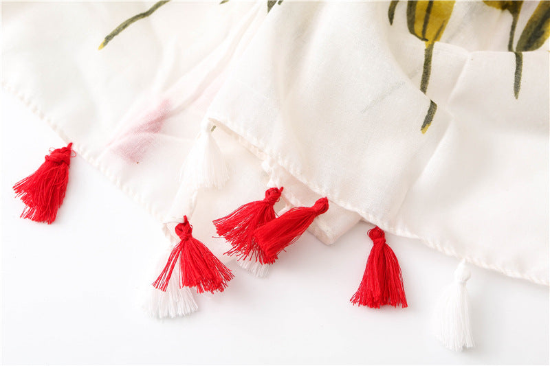 Women's Floral Lightweight Scarf Soft Cotton Blend Tassel Wrap Shawl