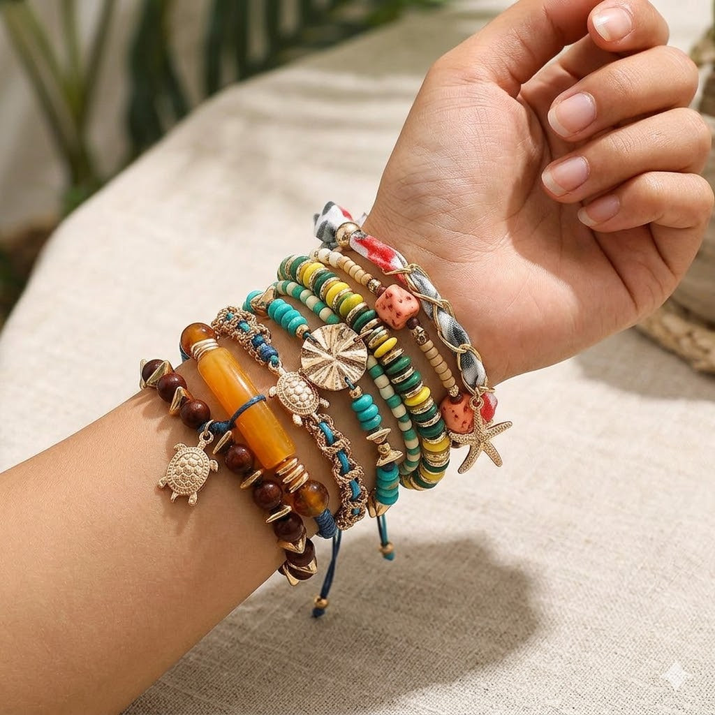 10pcs Boho Coastal Charm Beaded Stretch Layered Bracelet Set.