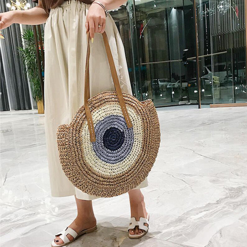 Round Woven Straw Shoulder Bag Bohemian Tote Beach Purse Summer Travel Handbag