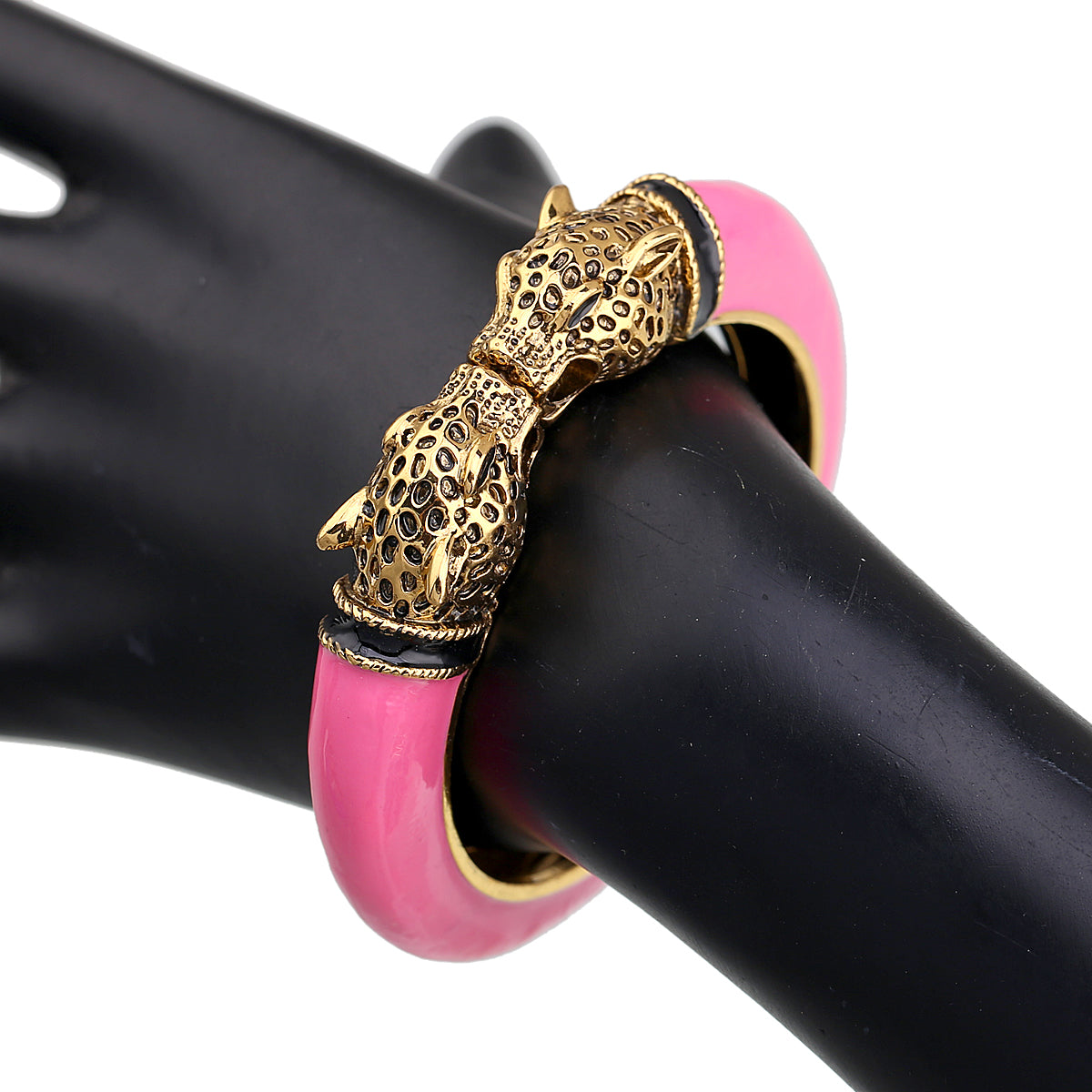 Gold Tone Leopard Head Bangle Bracelet Set Enamel Cuff Statement Jewelry