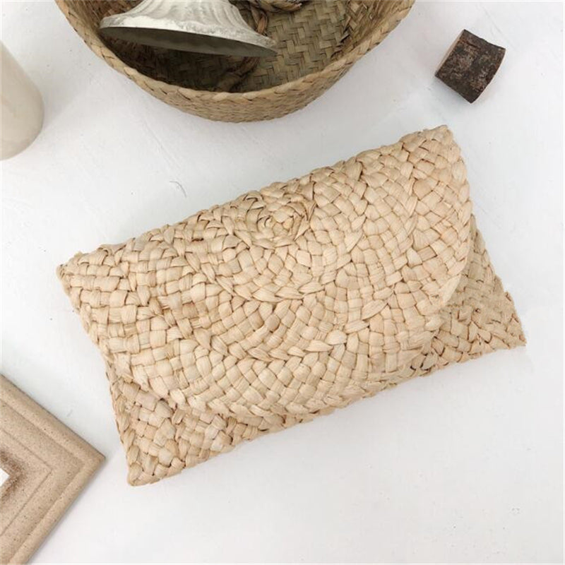 Women Woven Straw Envelope Clutch Bag Summer Beach Crossbody