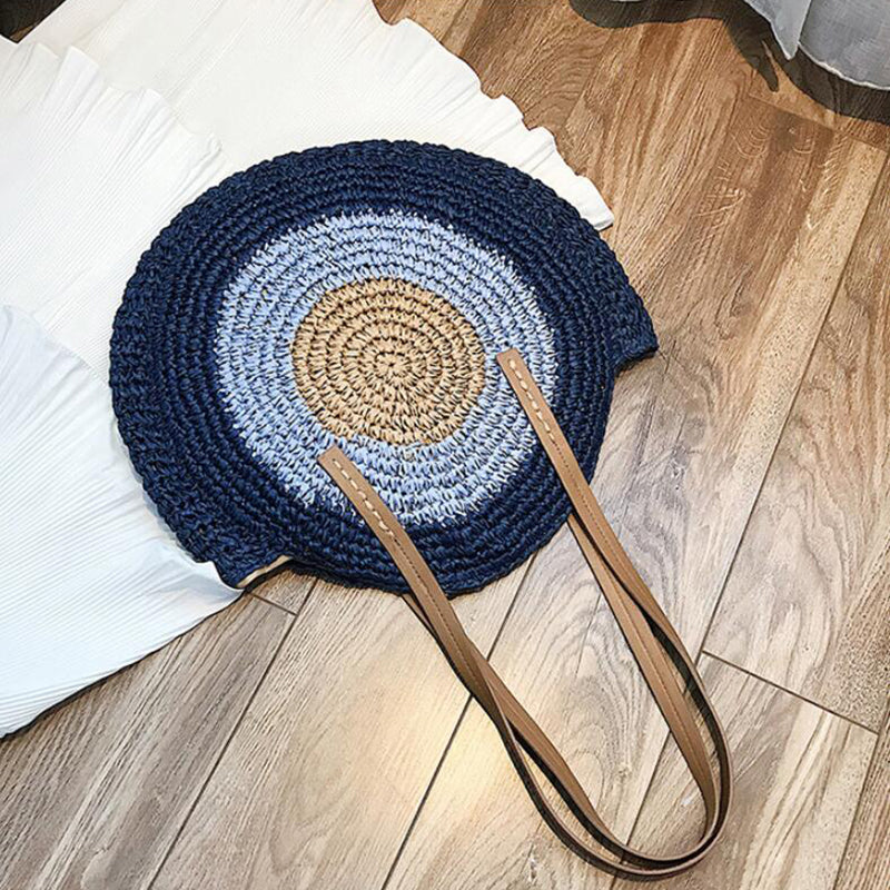 Round Woven Straw Shoulder Bag Bohemian Tote Beach Purse Summer Travel Handbag