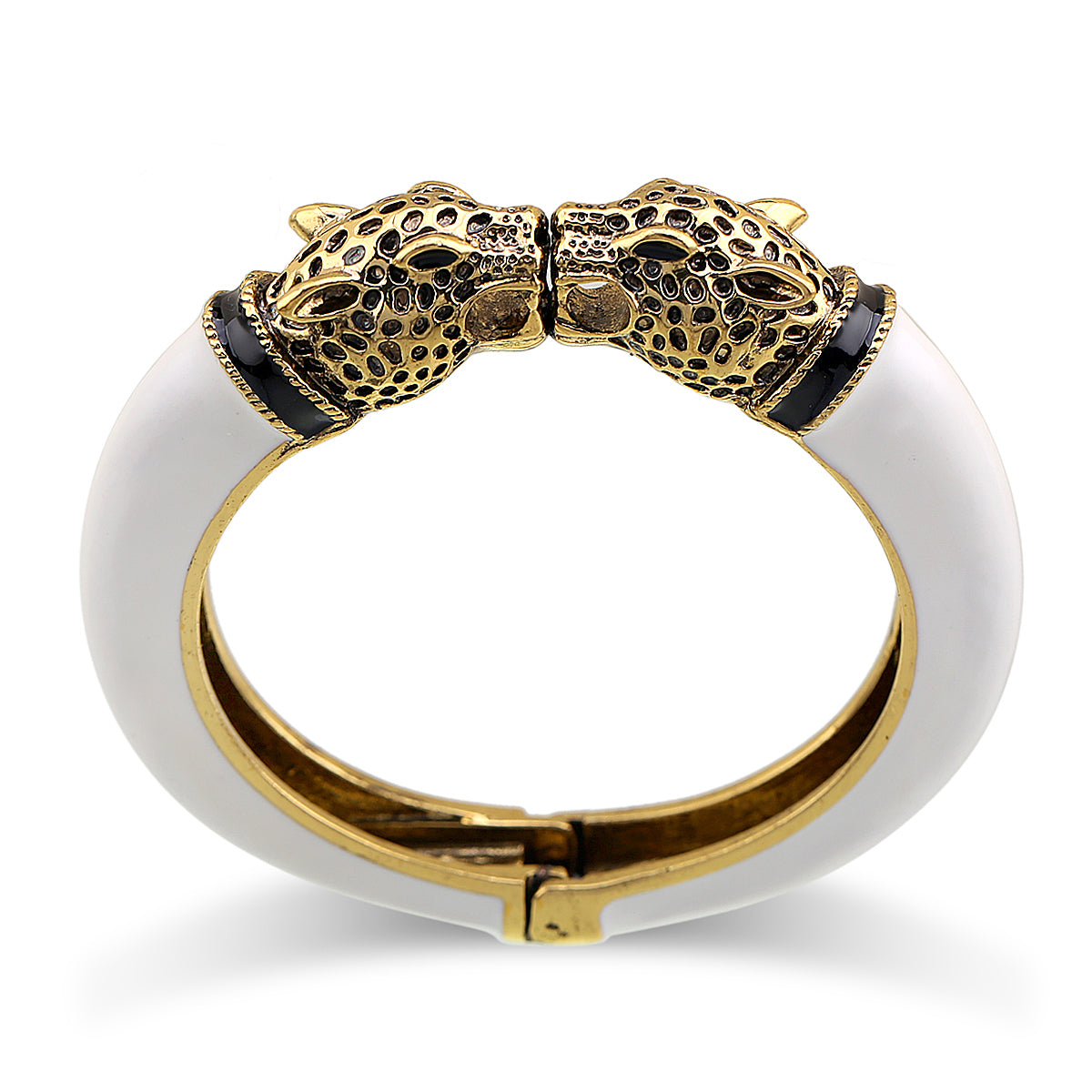 Gold Tone Leopard Head Bangle Bracelet Set Enamel Cuff Statement Jewelry
