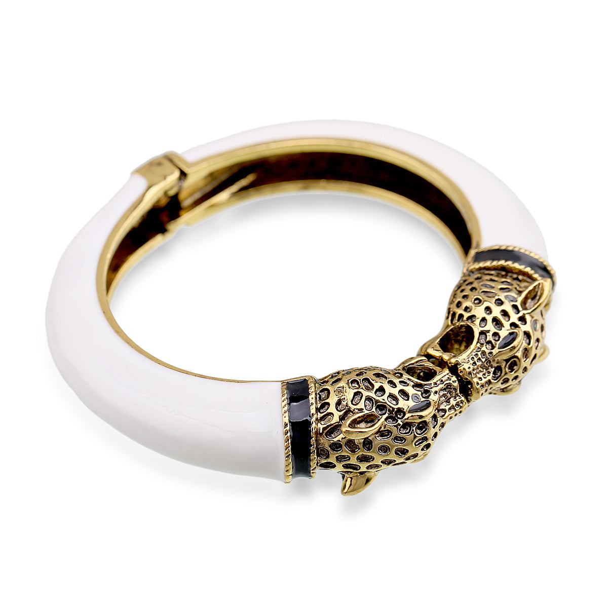 Gold Tone Leopard Head Bangle Bracelet Set Enamel Cuff Statement Jewelry