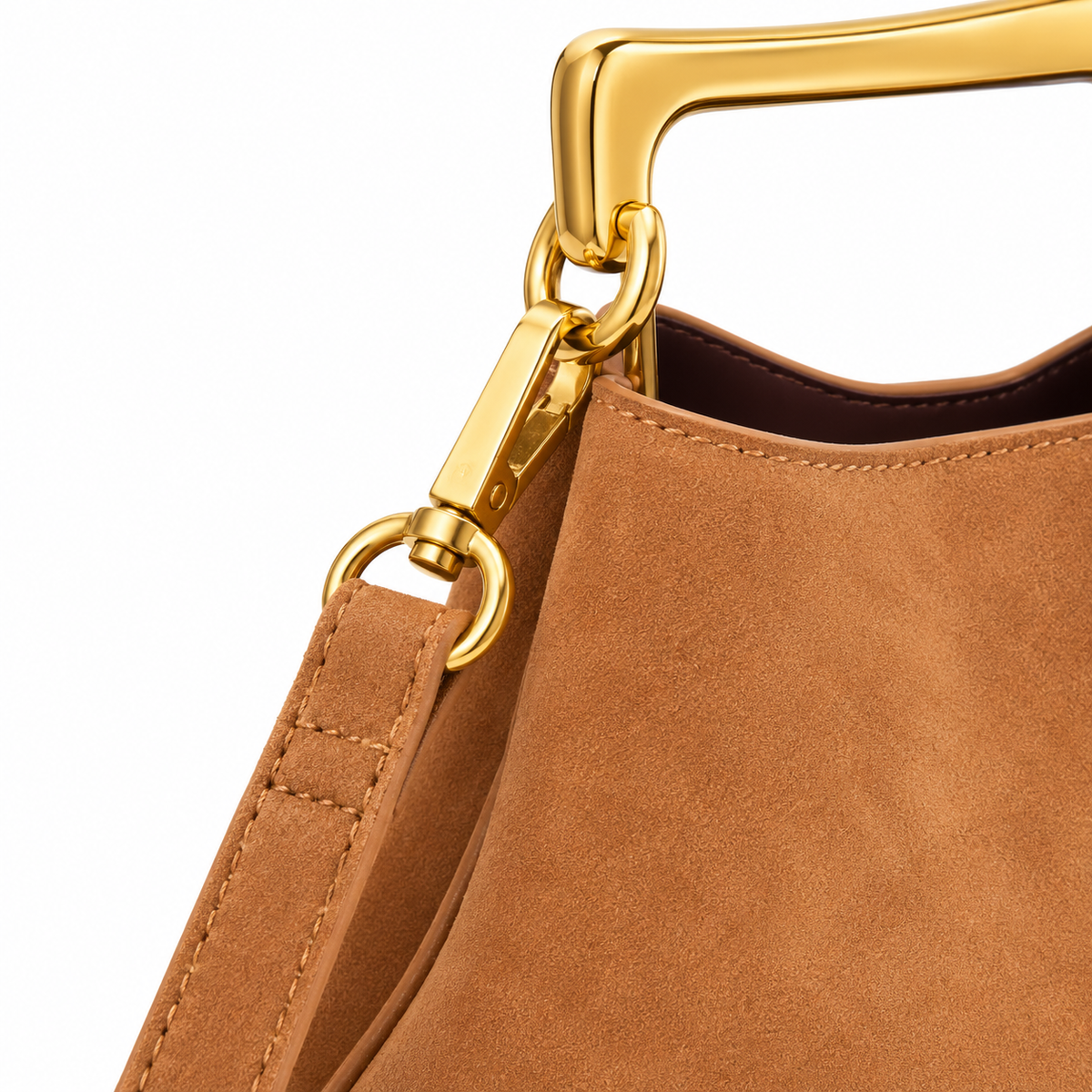 Tan Faux Suede Top Handle Crossbody Bag with Gold-Tone Handle
