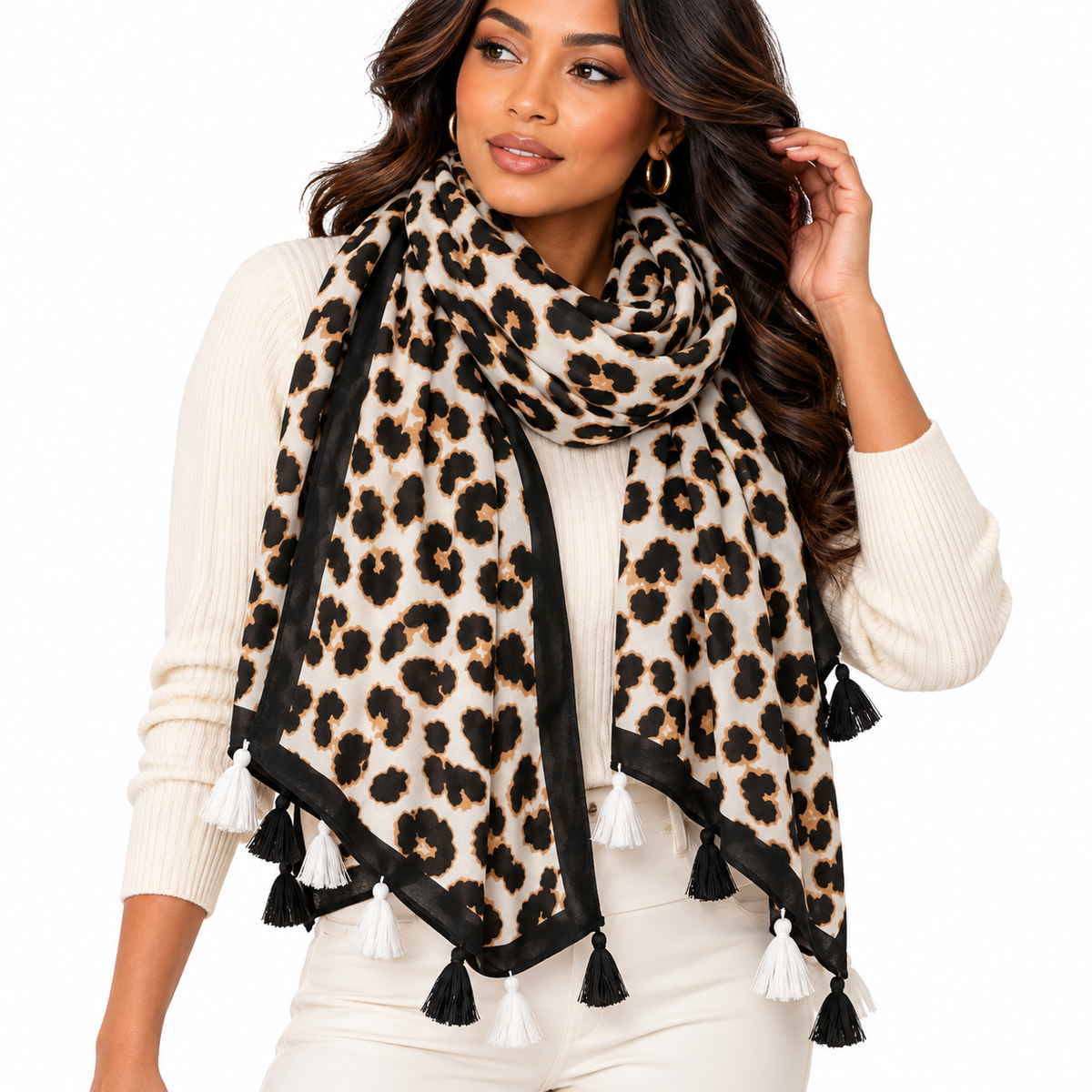 Oversized Leopard Print Scarf for Women with Tassel Trim