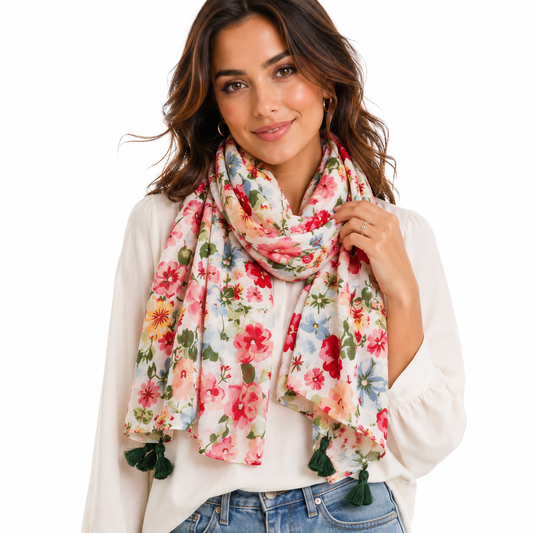 Floral Cotton Viscose Scarf Women Large Soft Shawl Tassel Spring Wrap 71" x 35"
